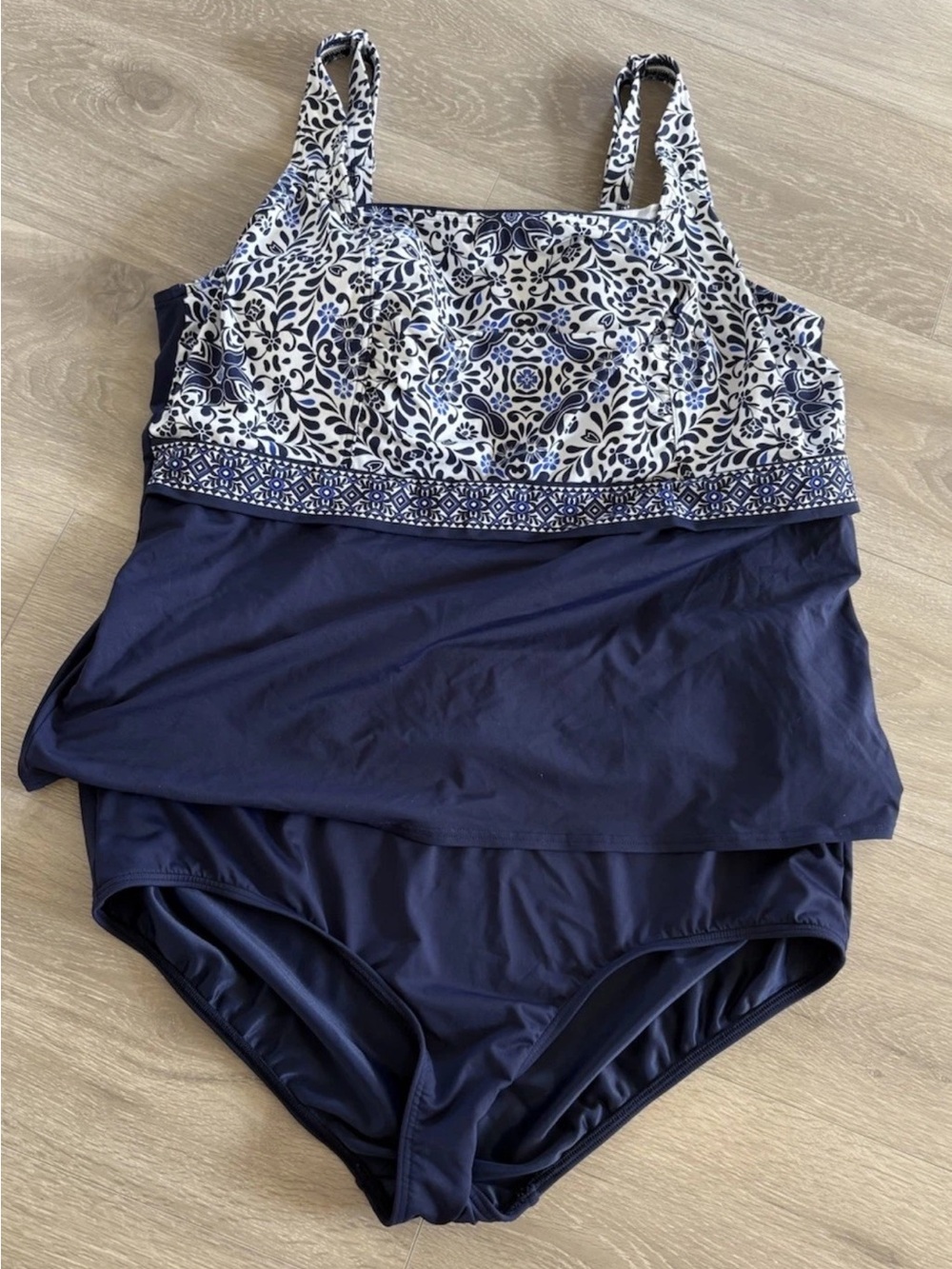 Lands' End 24W Tankini UW Navy/Paisley & 22W Solid Navy Swim Bottoms